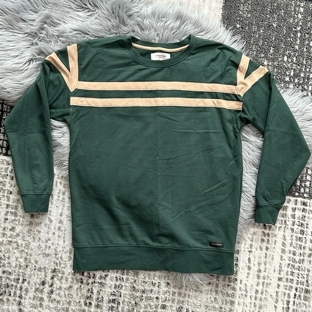 A Monday In Copenhagen Leon Blouse‎ Green With Tan Accented Stripes Size 12